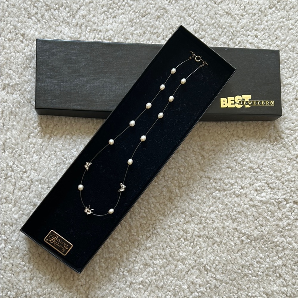 Vtg Butterfly Silvertone Illusion Necklace with “Diamond” Accents and “Pearls”